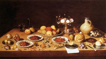 Jan Van Kessel : Still-Life on a Table with Fruit and Flowers